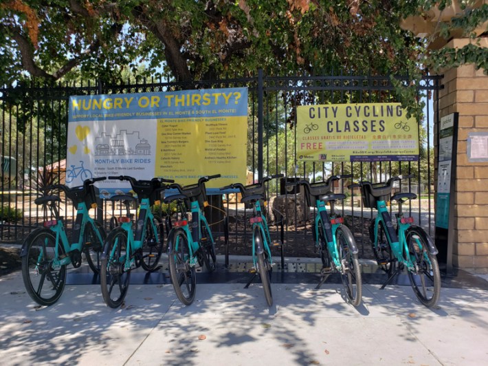 GoSGV e-bikes parked in front of Mary Van Dyke Park in South El Monte. Kristopher Fortin/Streetsblog LA