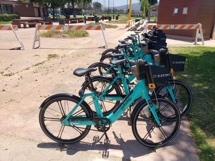 GoSGV e-bikes parked in front of Temple Park in South El Monte. Kristopher Fortin/Streetsblog LA