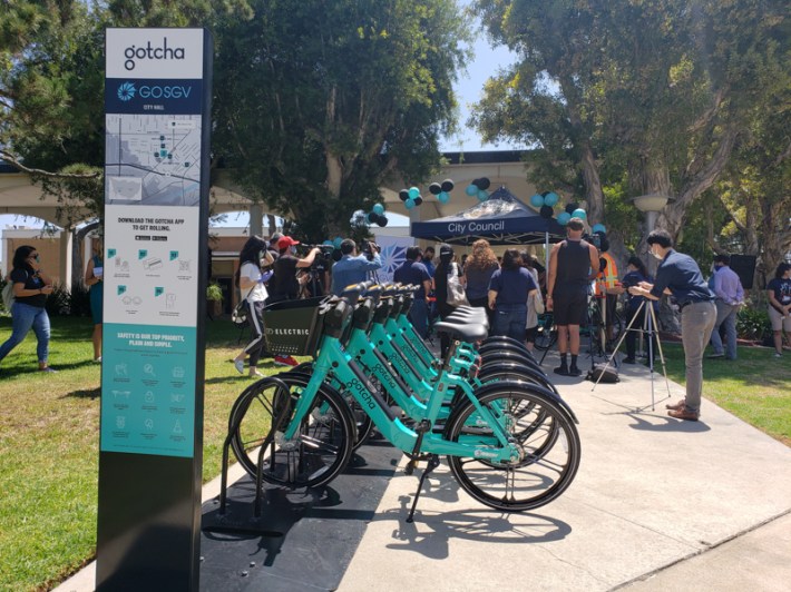 GoSGV e-bike share launched this week in South El Monte. While only 35 bikes currently, the system expects to be expanded to other San Gabriel Valley cities with more than 800 electric assisted bikes. Kristopher Fortin/Streetsblog LA