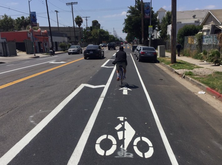 New bike lane being installed on Avalon Boulevard in South Los Angeles