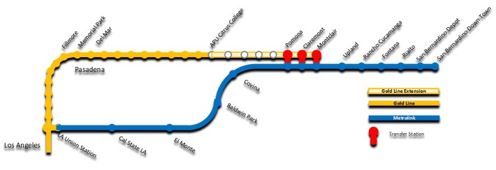 When Gold Line phase 2B is completed, three stations will overlap with the Metrolink San Bernardino Line