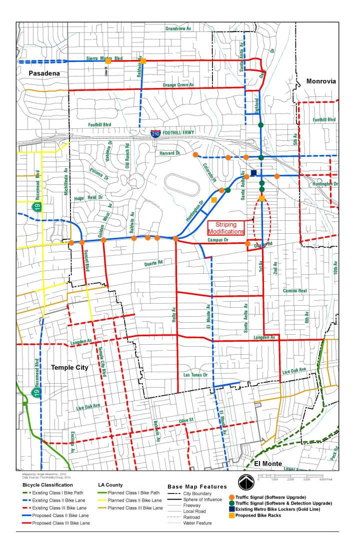 The City of Arcadia recently added bike lanes throughout the city and is currently working on adding bike routes. The solid blue lines indicate where bike lanes have recently been installed, the solid red lines are bike routes that are currently being installed. Image: City of Arcadia