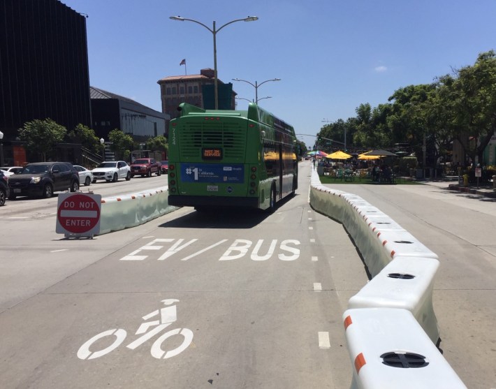 On Culver Boulevard, the city has installed new bus lanes - with bikes also permitted