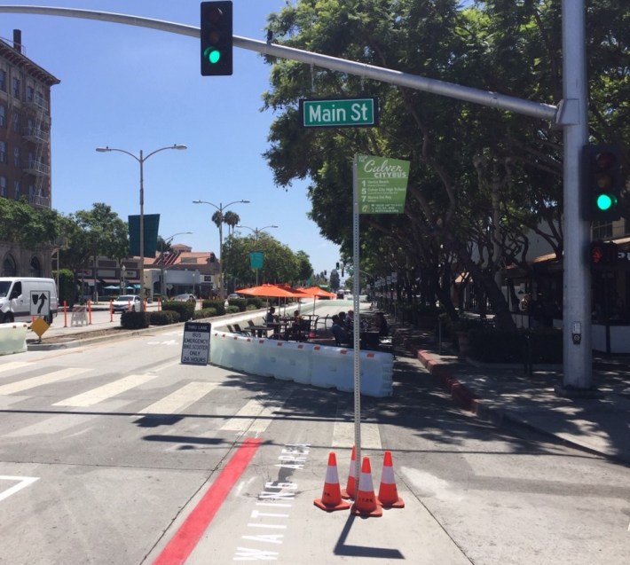 Relocated bus stop at the corner of Main Street and Culver Boulevard