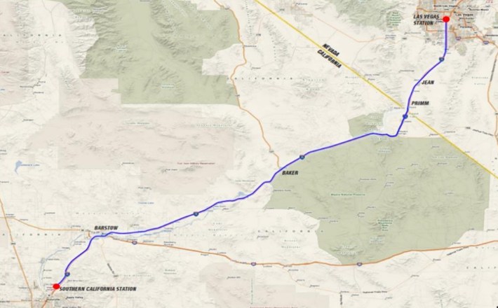 XpressWest High-Speed Rail planned between Victorville, CA to Las Vegas, NV. Map from Virgin Trains via Metro