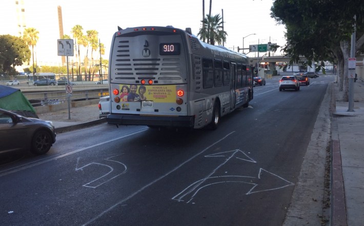 New bus lane markings on downtown L.A.'s Aliso Street - between Los Angeles Street and Alameda Street