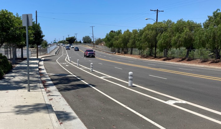 New protected bike lanes on Anaheim Street in Harbor City stop two blocks short of connecting to Wilmington. Photo by David Shelton
