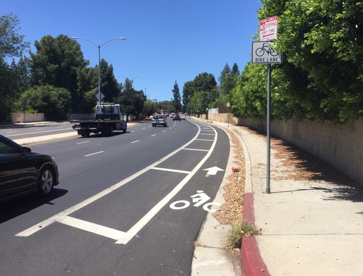 New buffers were added to hilly suburban Tampa Avenue's existing bike lanes in Porter Ranch