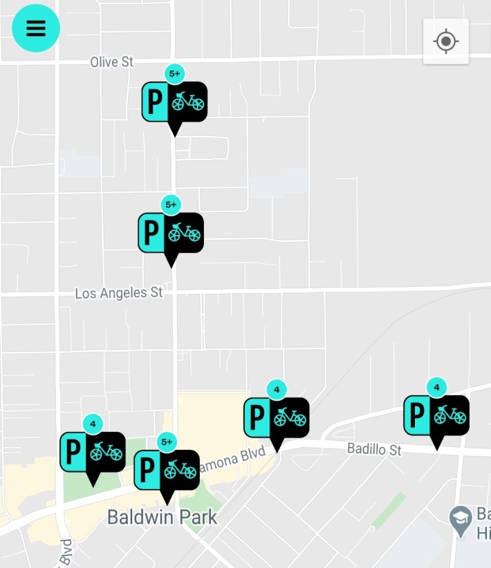 GoSGV expended to Baldwin Park with 45 electric assist bikes and 9 bike stations. A majority of the stations are located on Ramona Boulevard and Main/Pacific Avenues. Image: Gotcha App