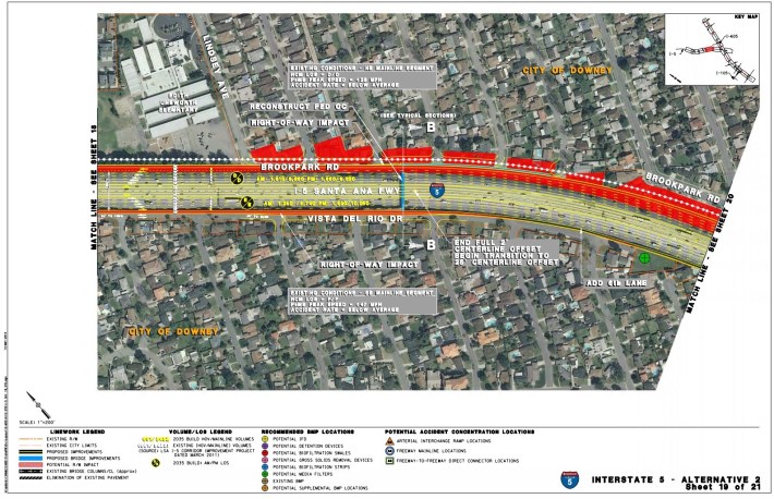 Metro 2014 5 Freeway widening map showing more "right-of-way impact" (red) in Downey's Latino neighborhoods north of the 5 compared less Latino areas south of the Freeway - map via Metro