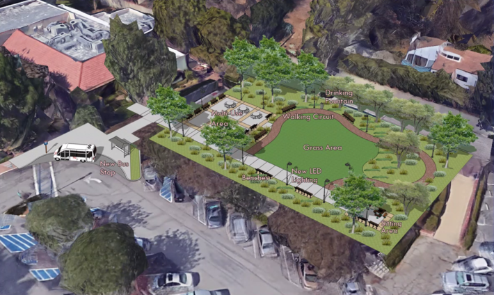 Renderings for Story Park at North Chapel and East Woodward Avenues. A closed recreational pool would be converted into open space. Image: City of Alhambra