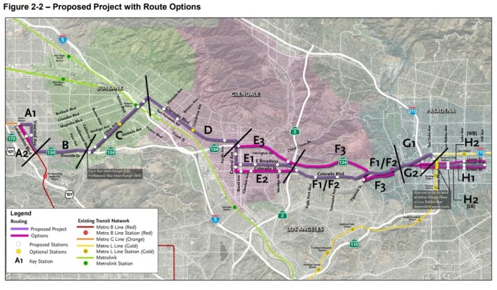 Metro North Hollywood to Pasadena Bus Rapid Transit route alternatives. Image via Metro DEIR.