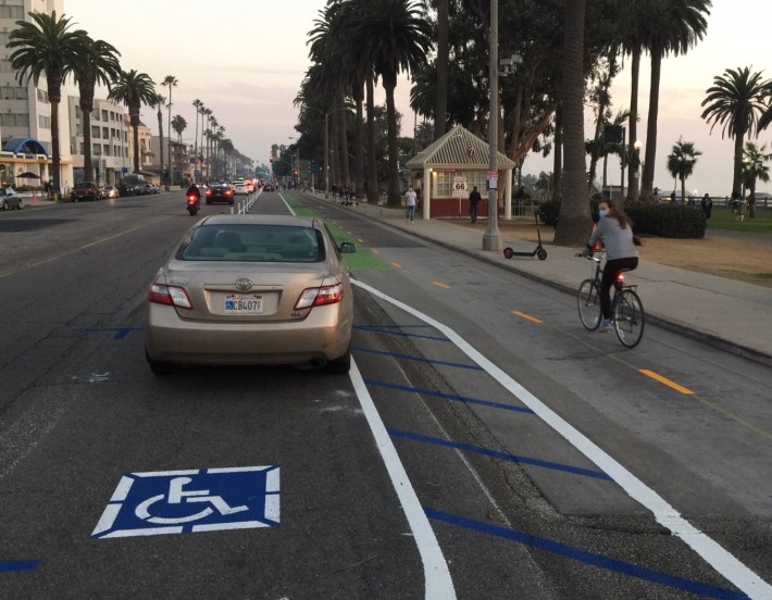 Most of the 5-block Ocean Avenue 2-way bikeway is parking-protected.