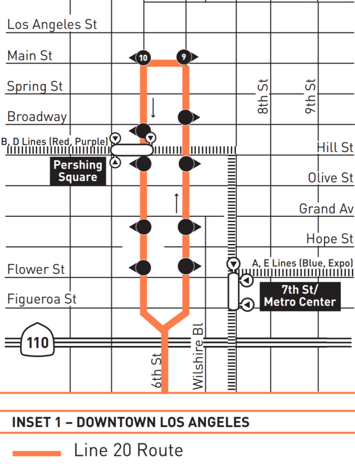 Map of new line 20 routing in downtown L.A. from timetable. Gives no hint where the line shifts to Wilshire.