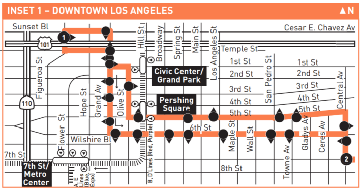 Map of new route 60 routing in downtown Los Angeles from the timetable