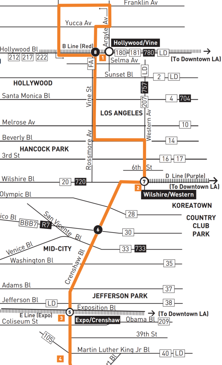 Map of new route 210 routing for deviation to serve Wilshire/Western D line (Purple) station