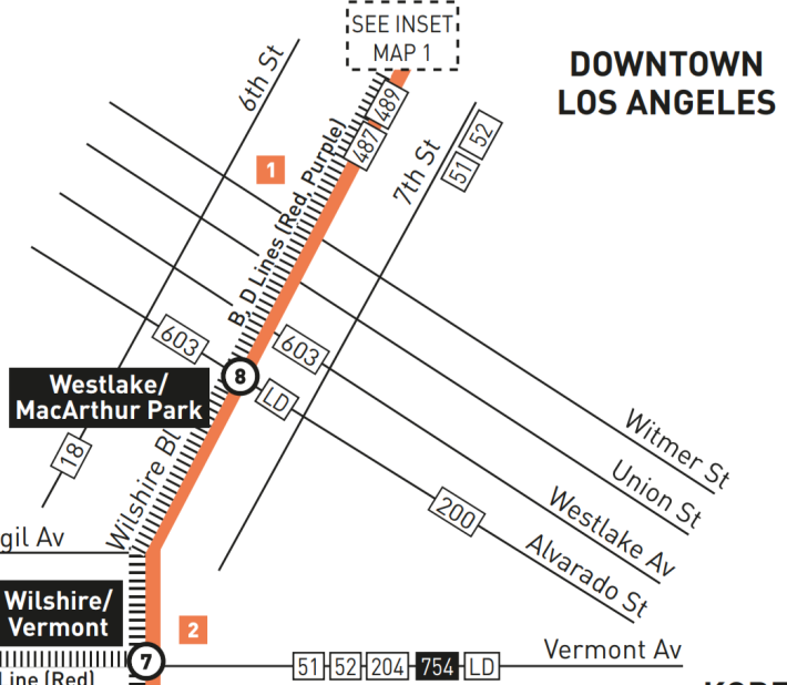 Map of route 20 east of downtown Los Angeles, from timetable . Gives no hint where the line shifts to 6th St. Shows it on Wilshire east of Witmer. Incorrectly shows the 487 and 489 still operating on Wilshire which ended Sunday.