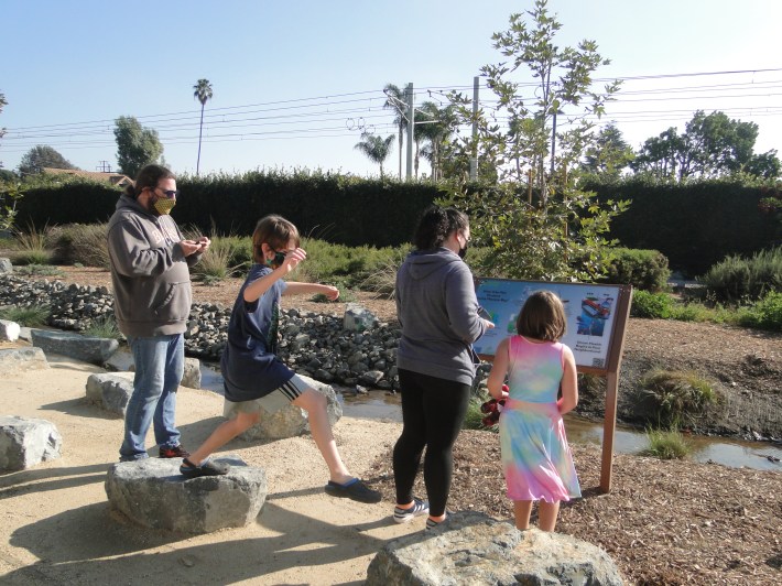 Streetsblog L.A. founder Damien Newton and his family get a preview tour of the Westwood Neighborhood Greenway. Photo by author