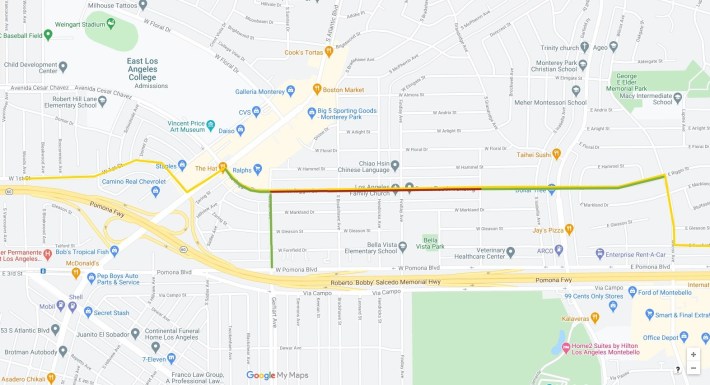 The western portion of the West First Street, West Riggin Street, and Portero Grande Drive Corridor. The yellow line indicates the corridor path. The green lines shows where currently existing sharrows are located, and the red line shows the location of a currently existing bike lane. Map: Kristopher Fortin