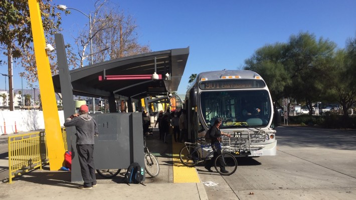 Compressed Natural Gas (CNG) buses were the only buses present at North Hollywood Station last weekend when SBLA visited. Photo: Joe Linton/Streetsblog L.A.