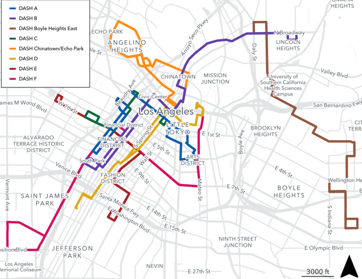 Map of planned Downtown Los Angeles DASH service starting - via LADOT