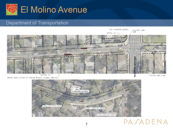 El Molina avenue improvements include installing quick-build medians and offset edge islands, which seem similar to bulb outs since they pinch the road narrowing it. Image: Pasadena Department of Transportation