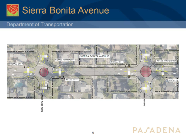 Roundabouts are proposed at Sierra Bonita Avenue and Loma Vista and Paloma Street intersections. Image: Pasadena Department of Transportation
