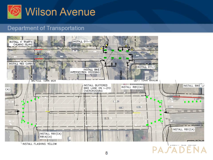 Wilson Avenue could see traffic calming islands, no parking red paint on some curbs, green dashed paint to show where bikes may cross at intersections, yellow flashing beacons and a paint buffered bike lane on the I-210 overcrossing. Image: Pasadena Department of Transportation