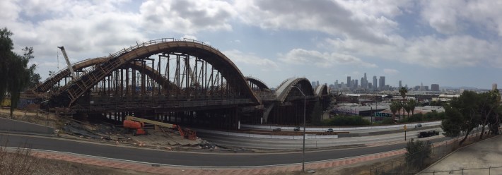 Panorama photo of 6th Street Viaduct Construction, looking from Boyle Heights toward downtown L.A.