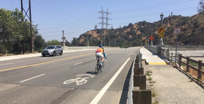 The city's Riverside Drive Bridge project renderings show bike lanes, but the finished version omitted the lanes, substituting sharrows instead. All photos by Joe Linton/Streetsblog L.A.