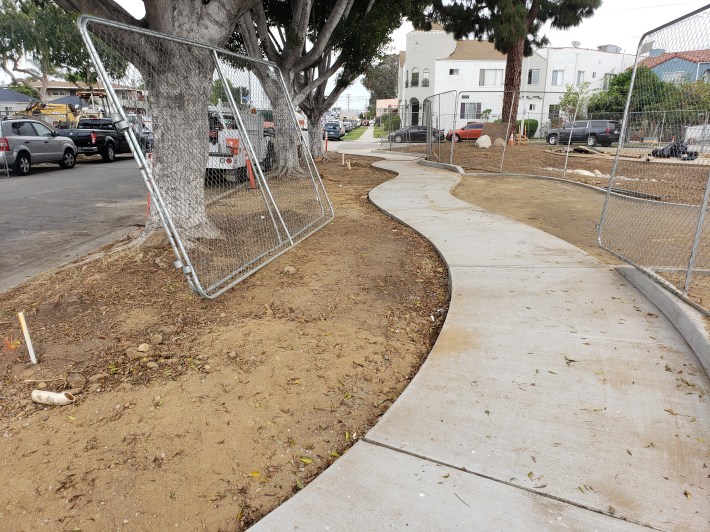 At a median near the corner of Montebello Parkway and Whittier Boulevard, new walkways carved out space for currently existing trees to allow for root growth. Kristopher Fortin/Streetsblog LA