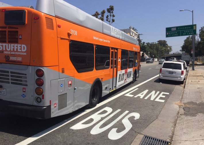 The Alvarado bus lanes striping appears to be nearly complete below the 101 Freeway