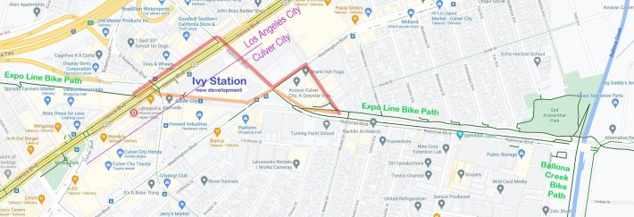 The Expo Line bike path through Culver City. The red lines show the indirect car-traffic-heavy route that the city expects cyclists to ride. The orange lines show how families and less-intrepid riders will go through this area.