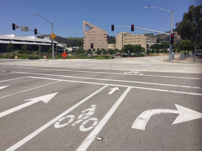 A bike lane on Red Gum Lane passing Kellogg Drive near Cal Poly Pomona. Joe Linton/Streetsblog LA