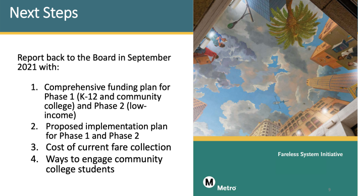 Looks like it will be fall, at the earliest, for Metro's Fareless System Initiative to launch its pilot program. Download the full presentation, here.