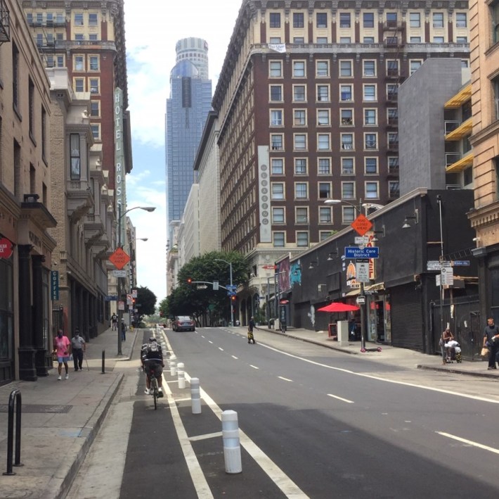 New protected bike lane on DTLA's 5th Street, part of a couplet with 6th Street