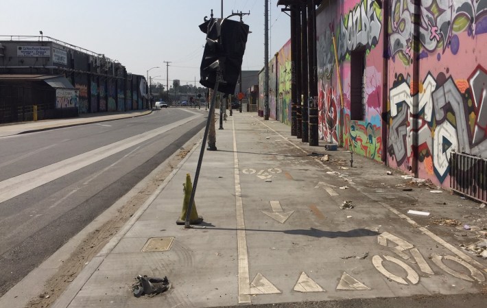 The sign has been covered on the very short northern portion of the Boyle Heights bike path