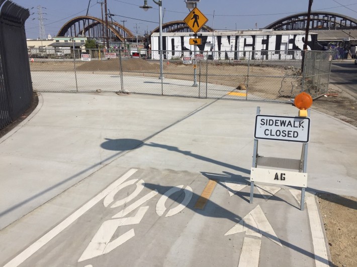 The southern portion of the short Boyle Heights path is closed where it becomes a wide shared sidewalk