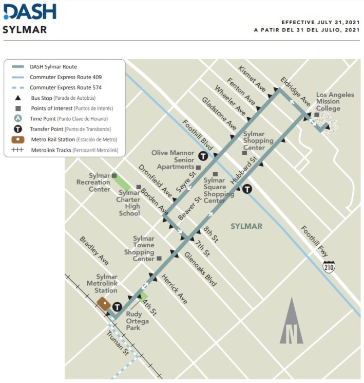 New LADOT Sylmar DASH route map - see also live map