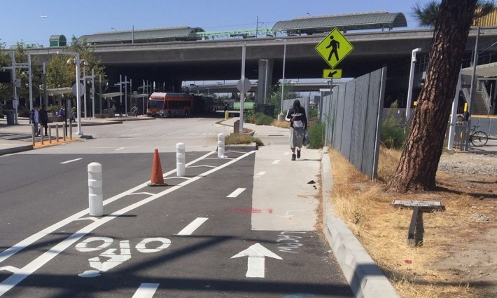 Pedestrian walking south in the protected bikeway