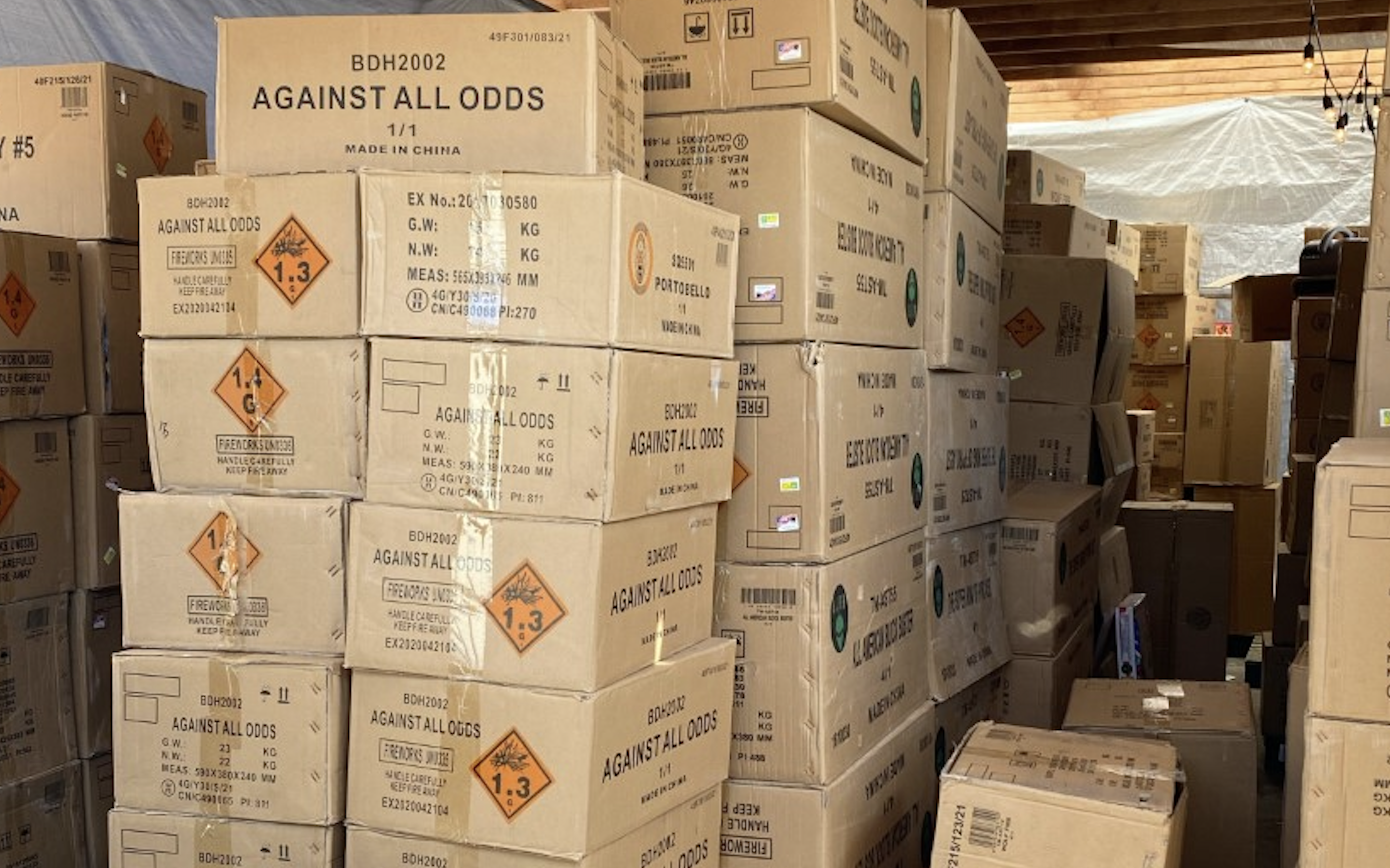 The boxes of commercial grade fireworks appear to range in weights from 13 to 29 kg/ea. LAPD said it found approximately 500 such boxes. Source: LAPD