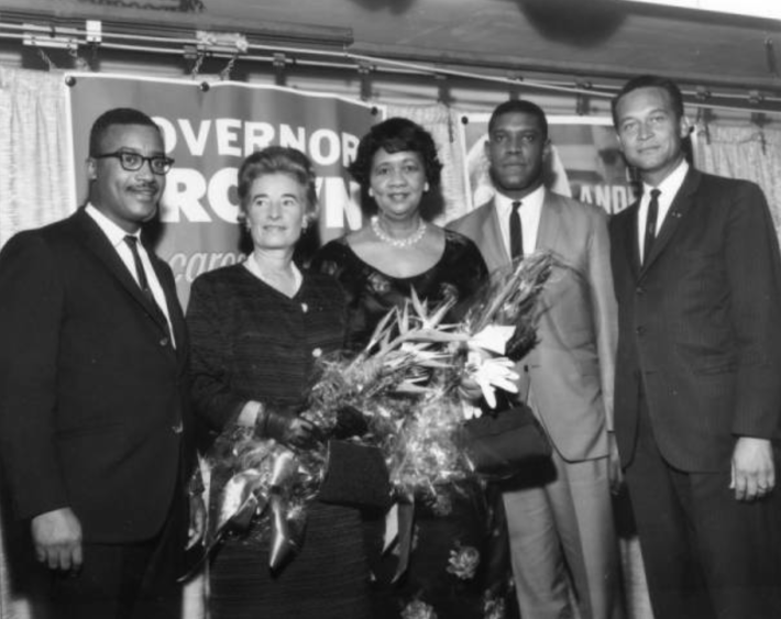 Per the LAPPL: "Group portrait of various leaders in 1967: from left, Leon Ralph, Assembly; Bernice Brown, wife of Governor Pat Brown; Dr. Dorothy Height, president, National Council of Negro Women; Bill Greene, Assembly; and Douglas Dollarhide, Mayor of Compton." Photo by Rolland Curtis.