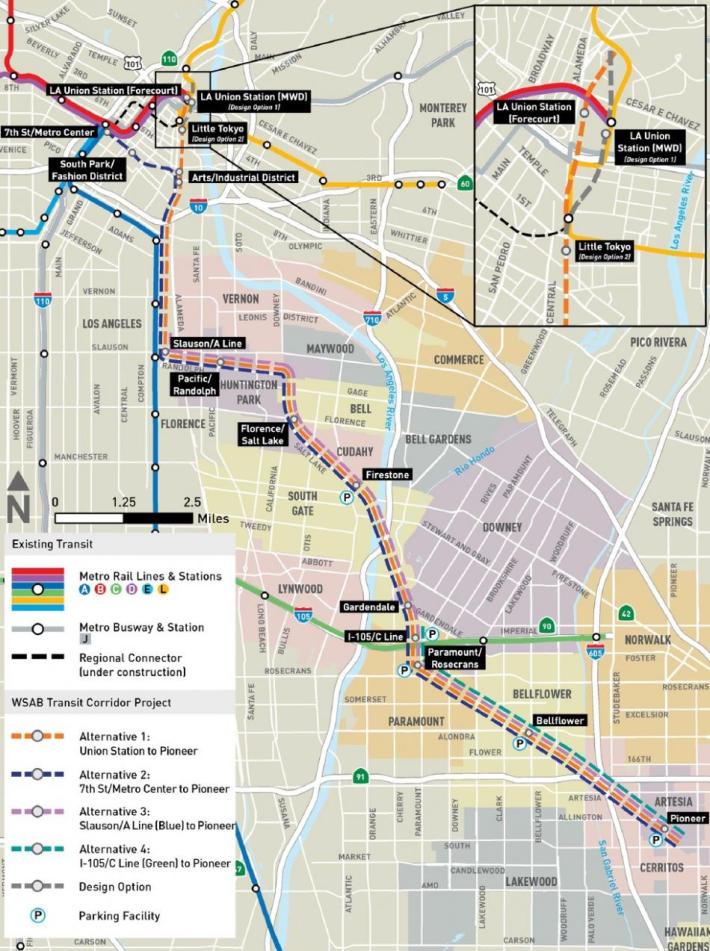 Map of current Metro West Santa Ana Branch alternatives