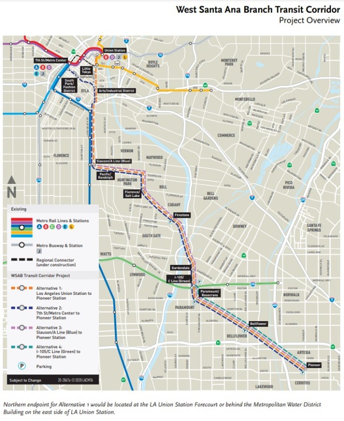 West Santa Ana Branch transit corridor map - via Metro fact sheet