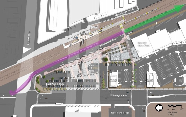 Metro omitted the announced Rosa Parks Station cycletrack (shown in purple)