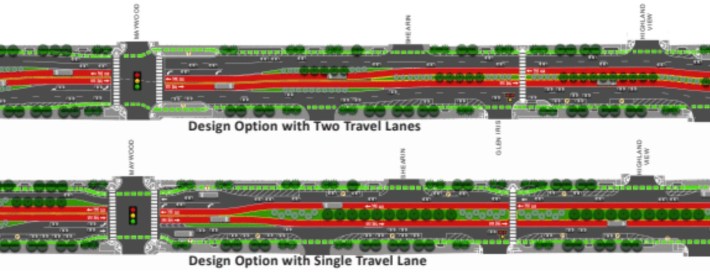 Metro's two remaining alternatives for BRT on Colorado Blvd through Eagle Rock. Image via Metro project webpage