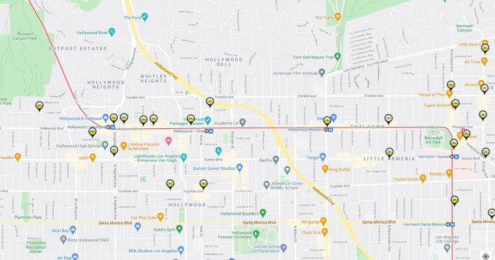 Twelve new bike-share stations in Hollywood on the left side of map - see full current Metro Bike Share map