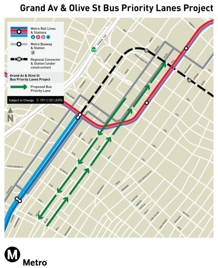Olive/Grand bus lane couplet map - via Metro