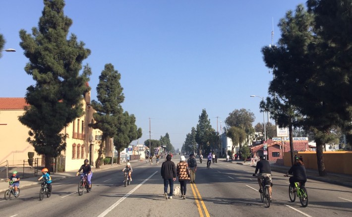 People bicycling and walking at yesterday's South L.A. CicLAvia