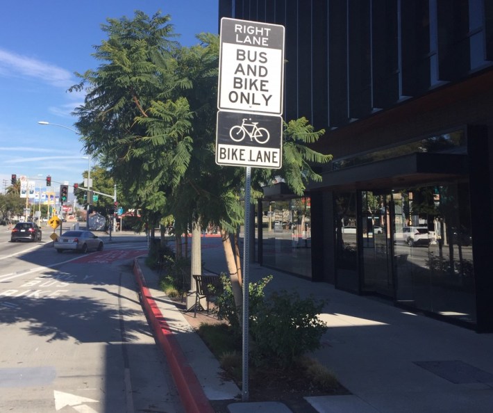 Signage calls out transitions from protected bike lanes to shared bus/bike lanes